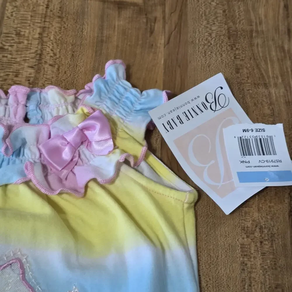 Bonnie Baby Girls 6-9M Pastel Tie Dye Unicorn Romper Ruffle Tulle NWT